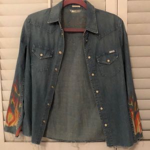 Wanderlust mother denim shirt embroidered paint S